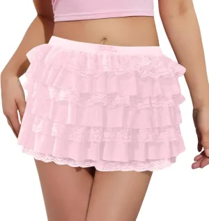 Pleated Skirt Dress for Women Mid Waist Elastic Waist Patchwork Lace Sheer Hem Ruffles Mini Skirts for Girls Streetwear