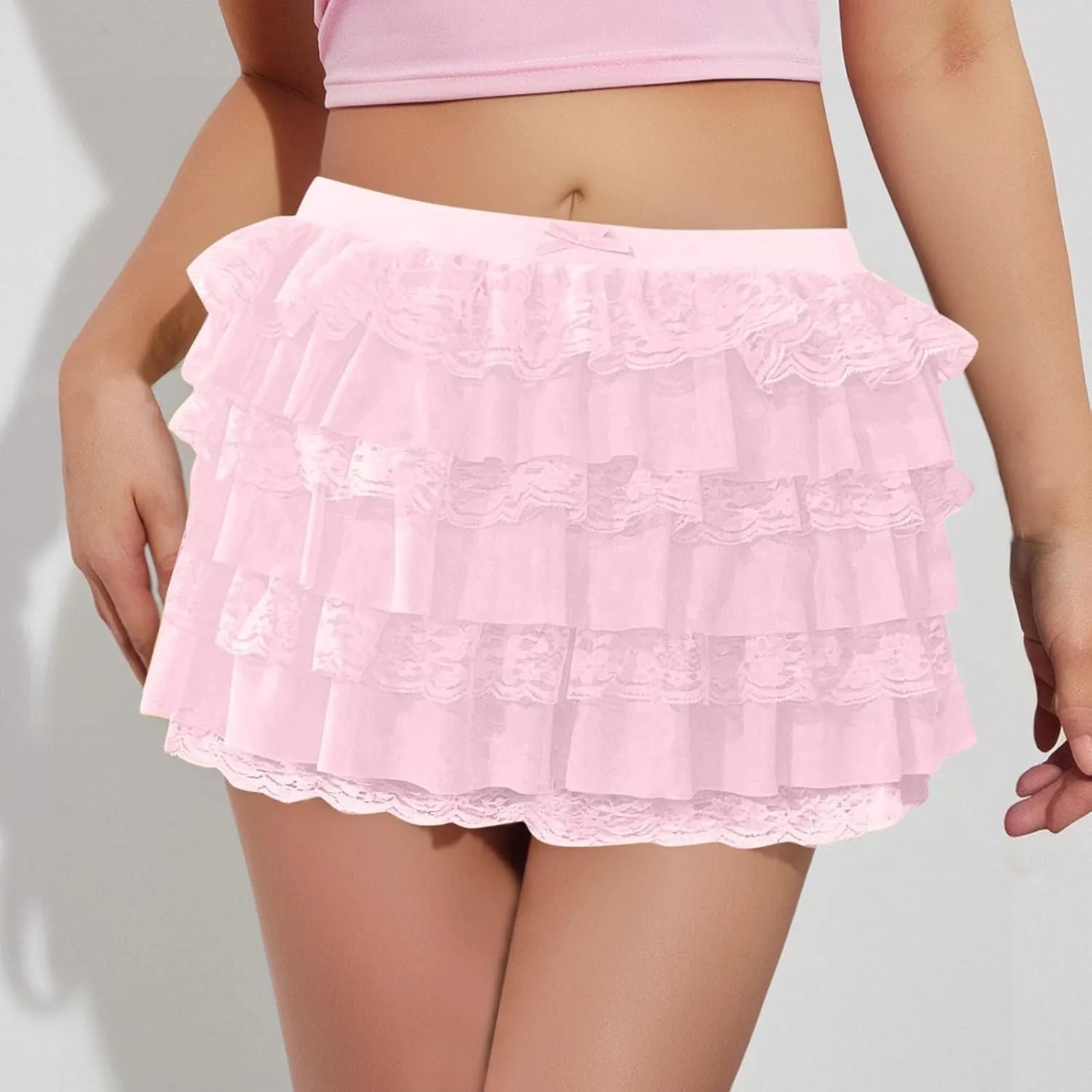 Pleated Skirt Dress for Women Mid Waist Elastic Waist Patchwork Lace Sheer Hem Ruffles Mini Skirts for Girls Streetwear