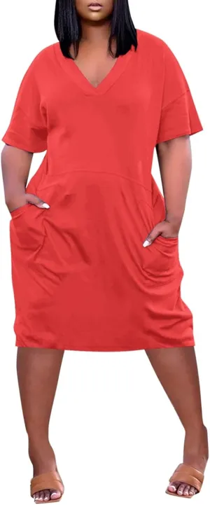 Plus Size Dresses for Curvy Women Oversize T Shirt Midi Dress Loose Short Sleeve V Neck Dress