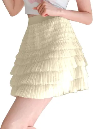 Plus Size Mini Skirt for Women Summer Lightweight Solid Mesh Ruffles A-Line Beach Mini Skirts for Vacation Streetwear