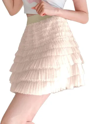 Plus Size Mini Skirt for Women Summer Lightweight Solid Mesh Ruffles A-Line Beach Mini Skirts for Vacation Streetwear