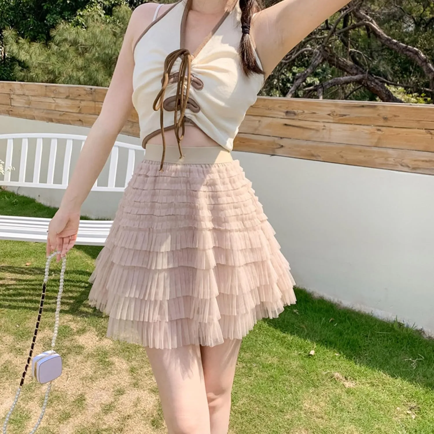 Plus Size Mini Skirt for Women Summer Lightweight Solid Mesh Ruffles A-Line Beach Mini Skirts for Vacation Streetwear