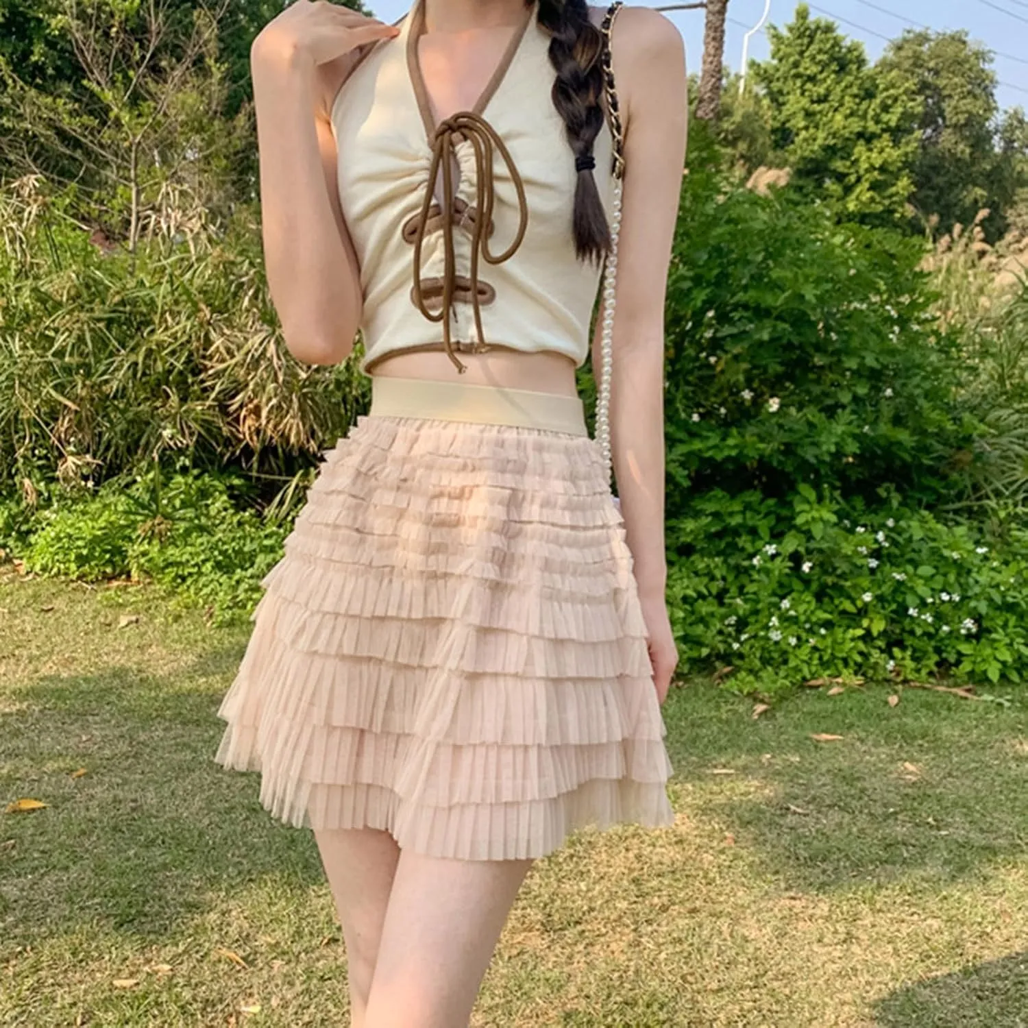 Plus Size Mini Skirt for Women Summer Lightweight Solid Mesh Ruffles A-Line Beach Mini Skirts for Vacation Streetwear