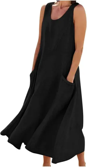 Plus Size Summer Dresses for Women Casual Sleeveless Linen Tank Dress 2025 Solid Beach Sun Dresses with Pockets