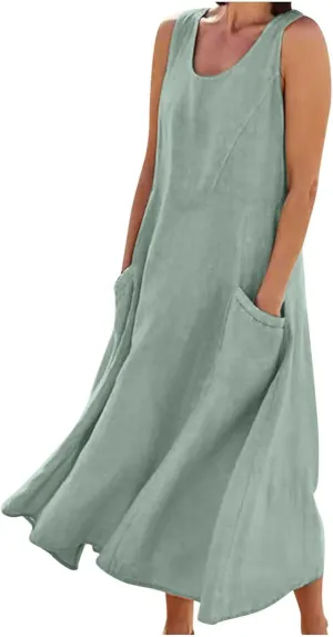 Plus Size Summer Dresses for Women Casual Sleeveless Linen Tank Dress 2025 Solid Beach Sun Dresses with Pockets