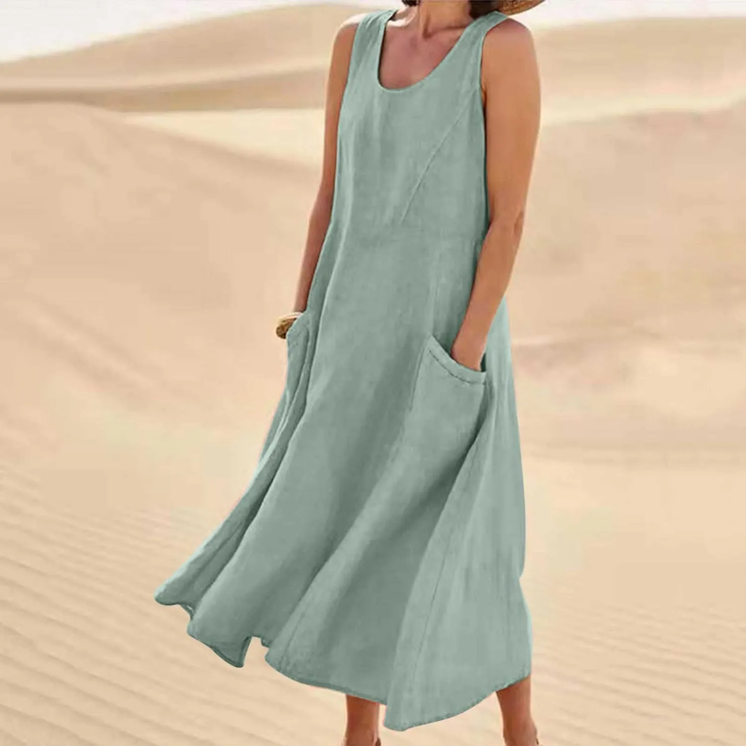 Plus Size Summer Dresses for Women Casual Sleeveless Linen Tank Dress 2025 Solid Beach Sun Dresses with Pockets
