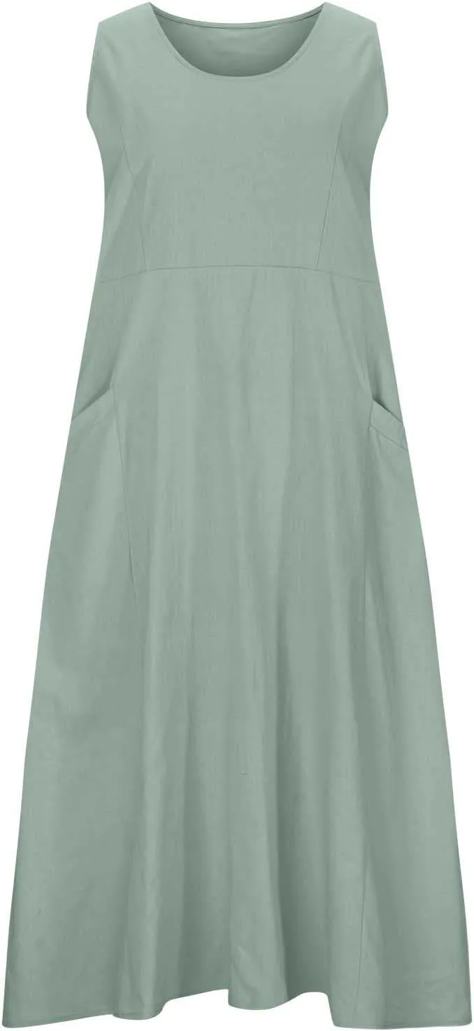Plus Size Summer Dresses for Women Casual Sleeveless Linen Tank Dress 2025 Solid Beach Sun Dresses with Pockets