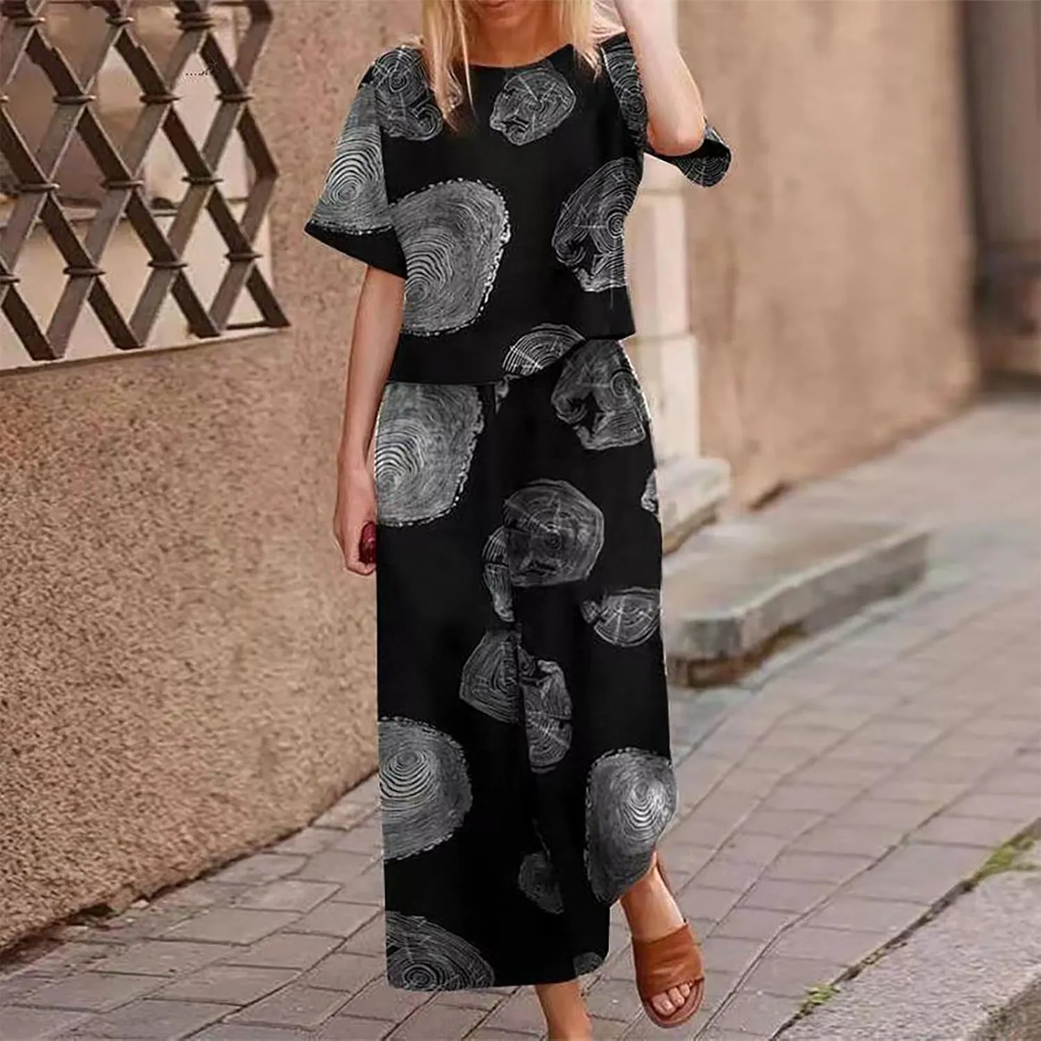 Plus Size Summer Outfits for Women 2 Piece Cotton Linen Sets Short Sleeve Tops Wide Leg Pants Lounge Matching Sets
