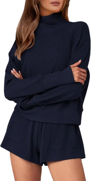 PRETTYGARDEN 2024 Ribbed Knit Matching Sets for Women Fall 2 Piece Outfits Long Sleeve Tops and Shorts Pullover Lounge Set(Navy,Medium)
