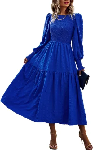 PRETTYGARDEN Women 2025 Spring Puff Long Sleeve Crewneck Smocked Maxi Dress Empire Waist Tiered A-line Swing Flowy Long Dress