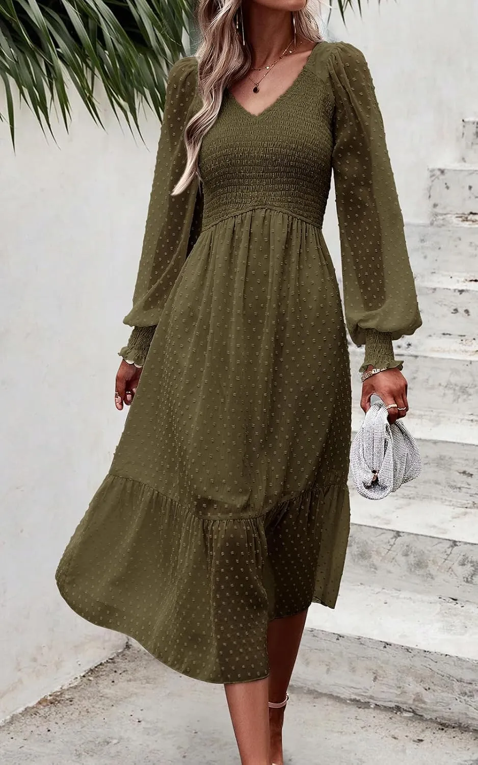 PRETTYGARDEN Women's Spring Dresses 2025 Long Sleeve V Neck Swiss Dot Empire Waist Chiffon Dress Ruffle Smocked Midi Dresses