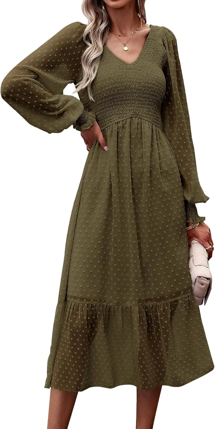 PRETTYGARDEN Women's Spring Dresses 2025 Long Sleeve V Neck Swiss Dot Empire Waist Chiffon Dress Ruffle Smocked Midi Dresses