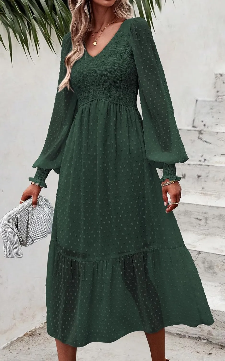 PRETTYGARDEN Women's Spring Dresses 2025 Long Sleeve V Neck Swiss Dot Empire Waist Chiffon Dress Ruffle Smocked Midi Dresses