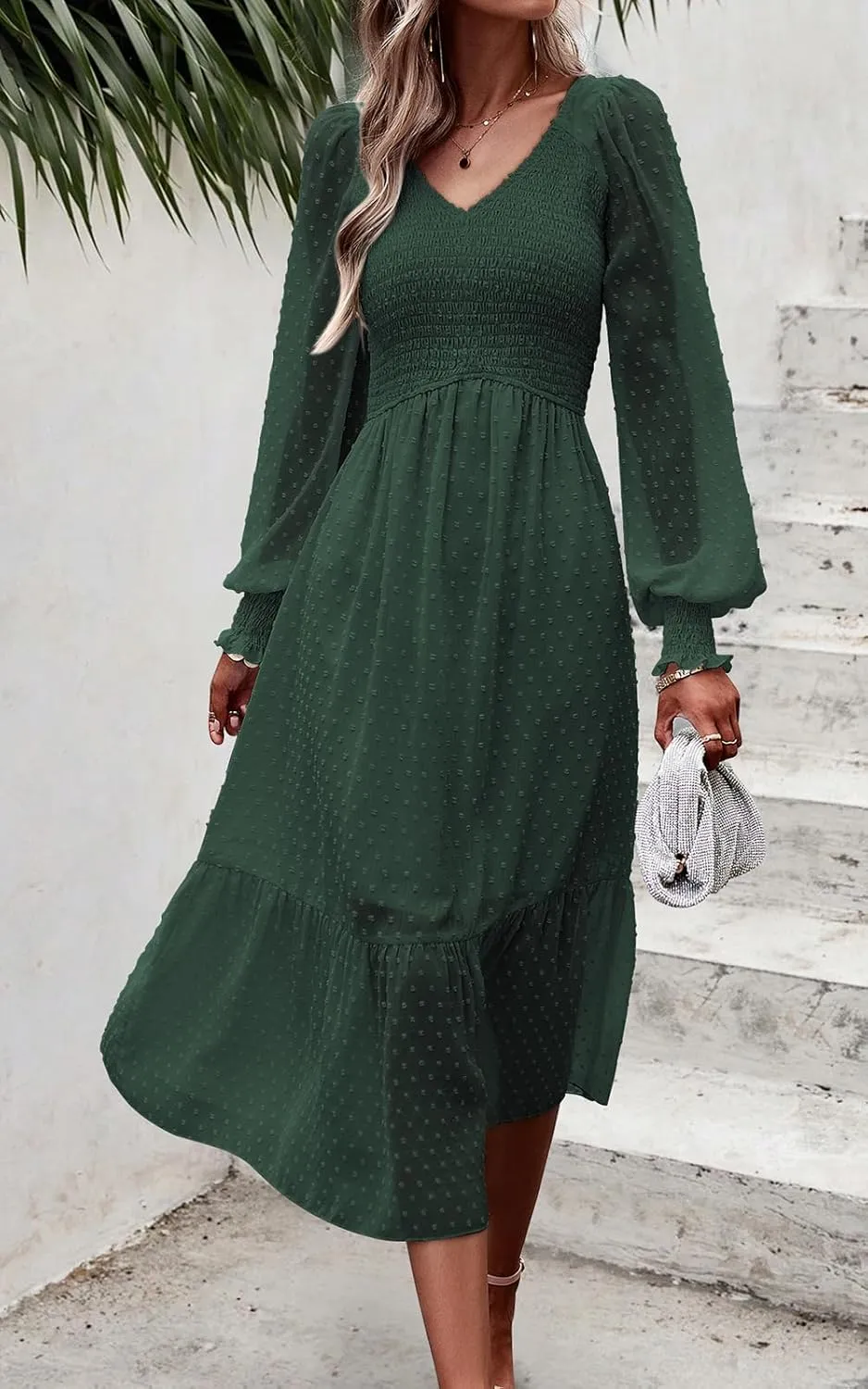 PRETTYGARDEN Women's Spring Dresses 2025 Long Sleeve V Neck Swiss Dot Empire Waist Chiffon Dress Ruffle Smocked Midi Dresses