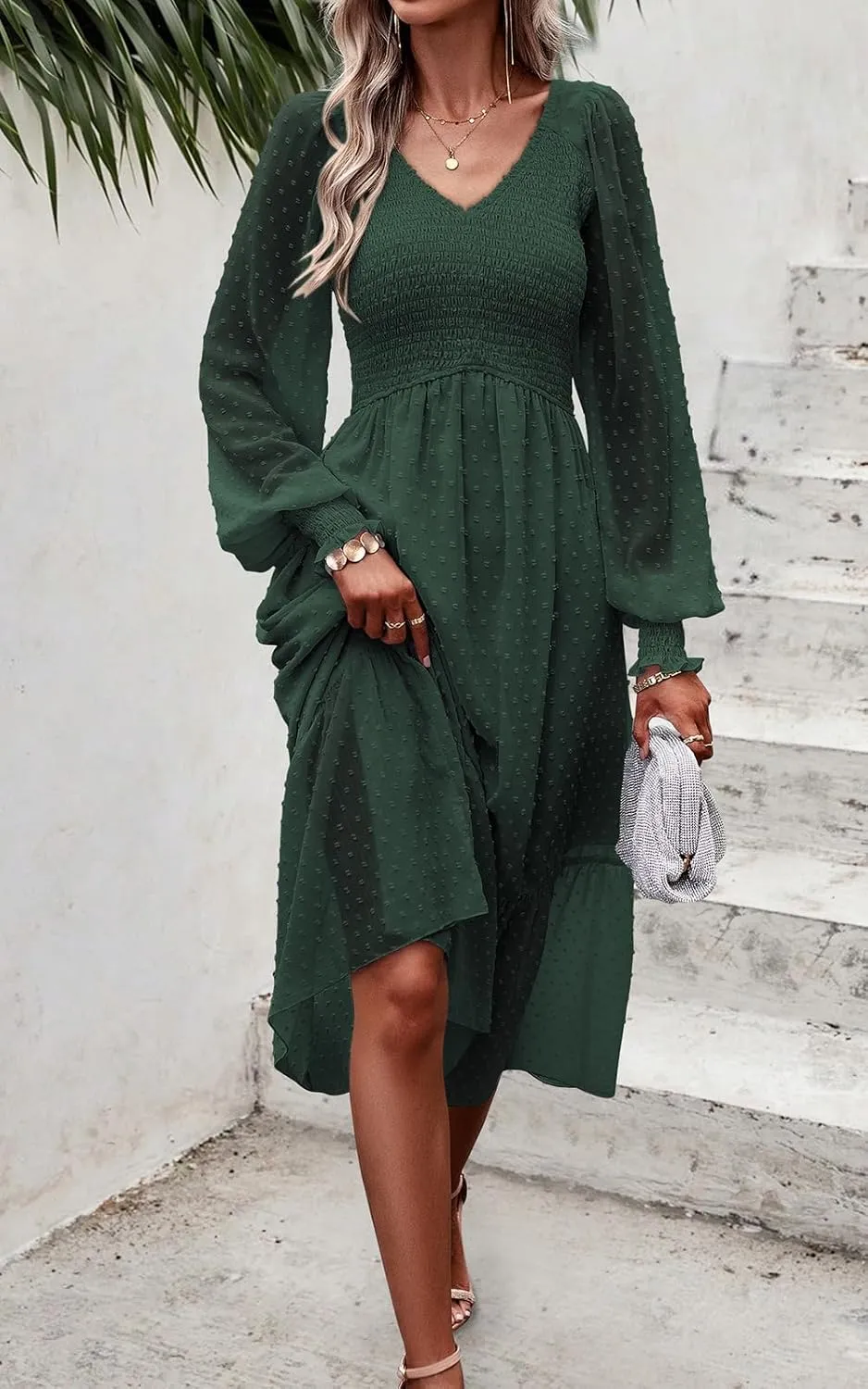 PRETTYGARDEN Women's Spring Dresses 2025 Long Sleeve V Neck Swiss Dot Empire Waist Chiffon Dress Ruffle Smocked Midi Dresses