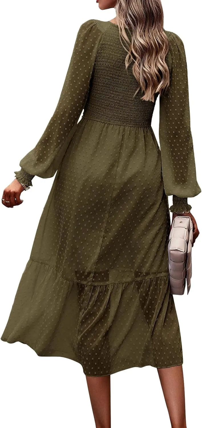 PRETTYGARDEN Women's Spring Dresses 2025 Long Sleeve V Neck Swiss Dot Empire Waist Chiffon Dress Ruffle Smocked Midi Dresses
