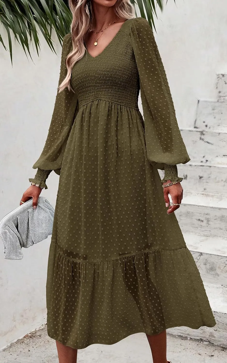 PRETTYGARDEN Women's Spring Dresses 2025 Long Sleeve V Neck Swiss Dot Empire Waist Chiffon Dress Ruffle Smocked Midi Dresses