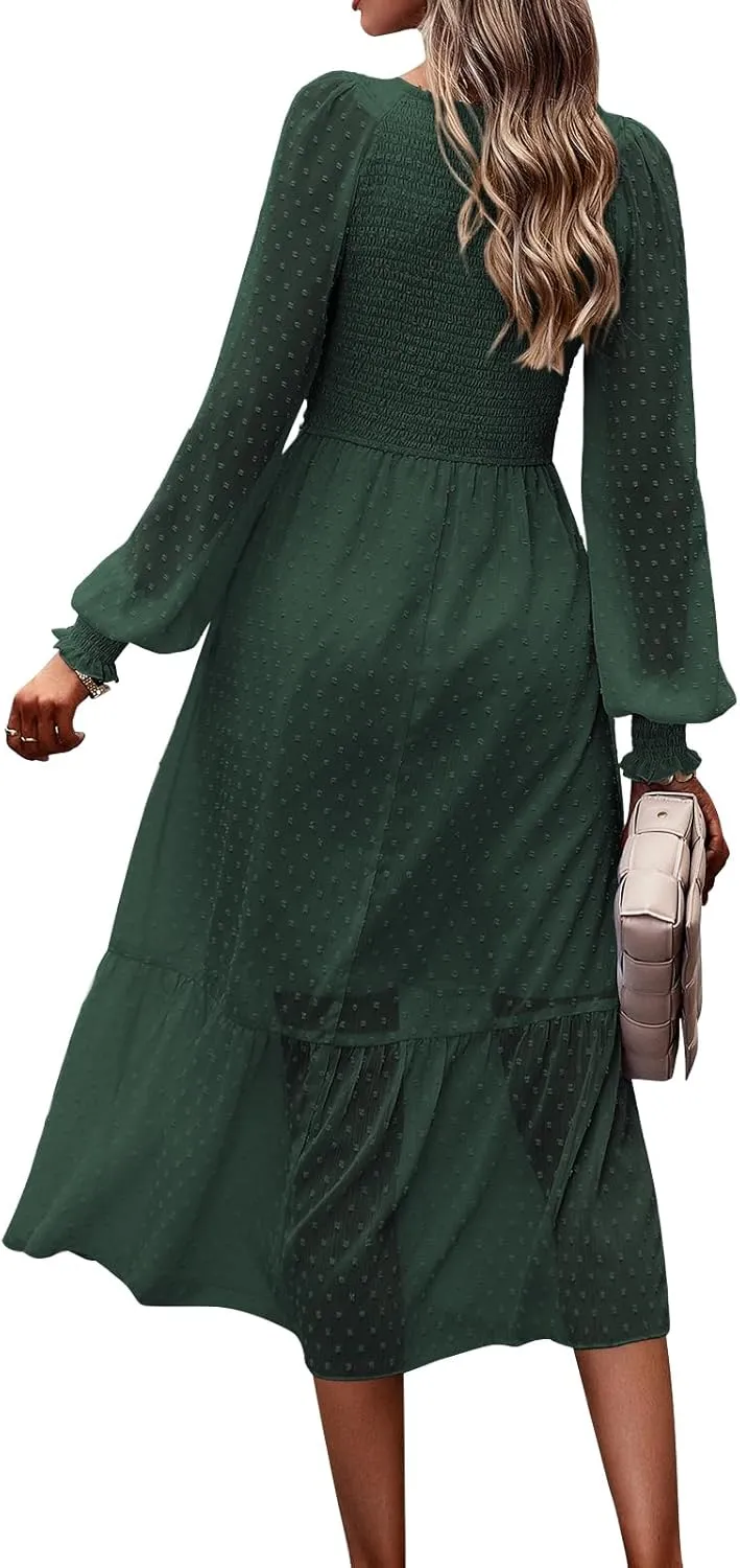 PRETTYGARDEN Women's Spring Dresses 2025 Long Sleeve V Neck Swiss Dot Empire Waist Chiffon Dress Ruffle Smocked Midi Dresses