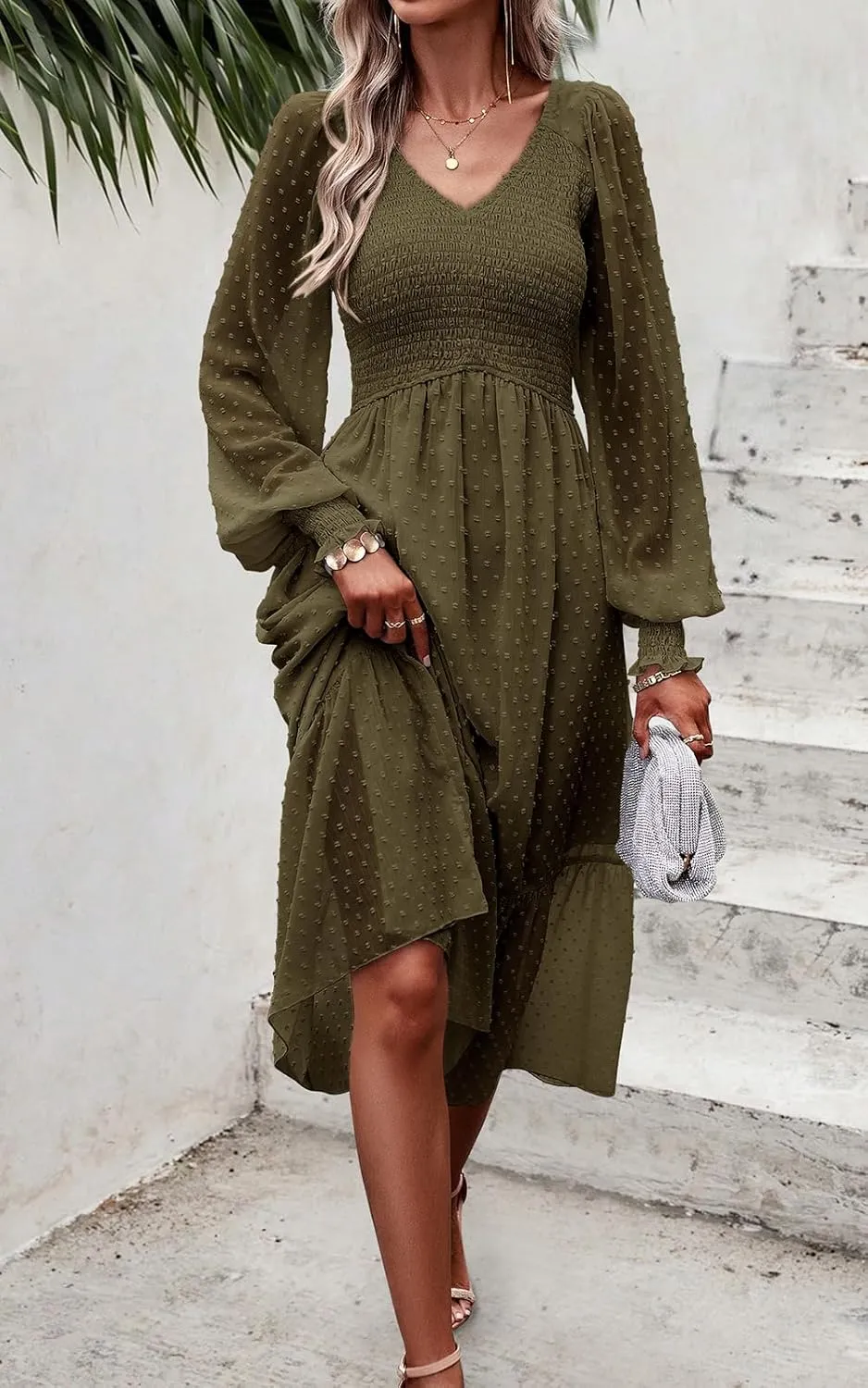 PRETTYGARDEN Women's Spring Dresses 2025 Long Sleeve V Neck Swiss Dot Empire Waist Chiffon Dress Ruffle Smocked Midi Dresses