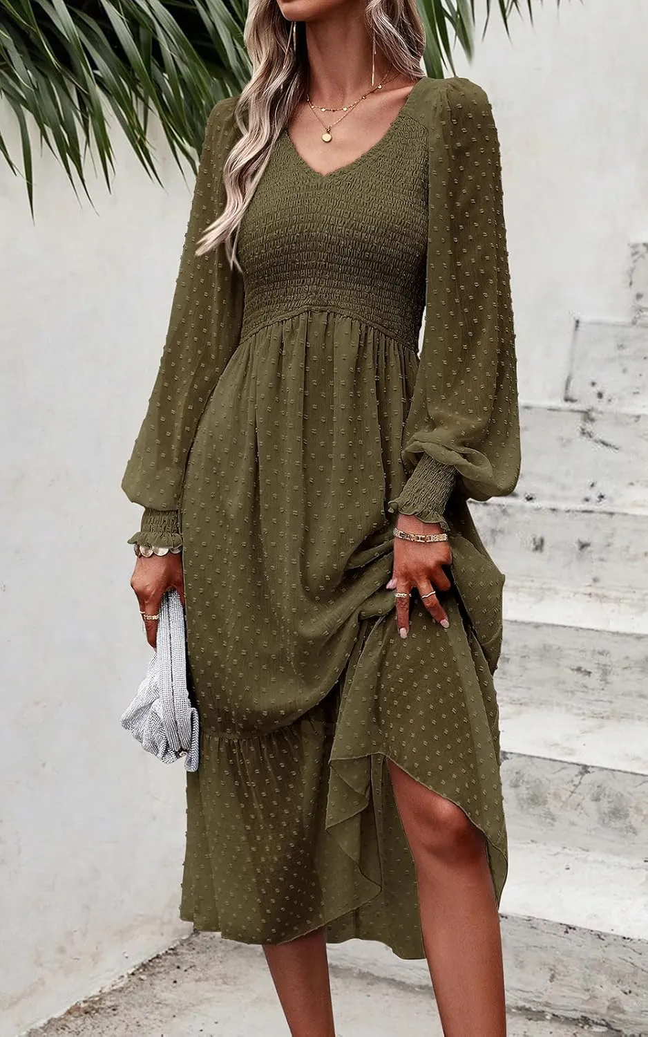 PRETTYGARDEN Women's Spring Dresses 2025 Long Sleeve V Neck Swiss Dot Empire Waist Chiffon Dress Ruffle Smocked Midi Dresses