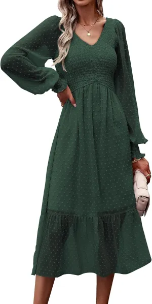 PRETTYGARDEN Women's Spring Dresses 2025 Long Sleeve V Neck Swiss Dot Empire Waist Chiffon Dress Ruffle Smocked Midi Dresses