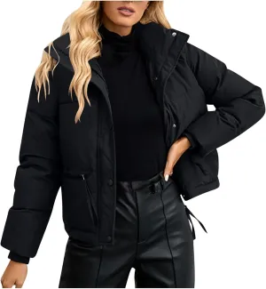 Puffer Jacket Womens Stand Collar Full-Zip Quilted Puffer Coat Thicken Warm Puffer Jacket Coats Cropped Down Coats
