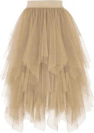 PUKAVT Tulle Skirts for Women High Waist Elastic Midi Skirt A-line Irregular Layered Mesh Tutu Skirts