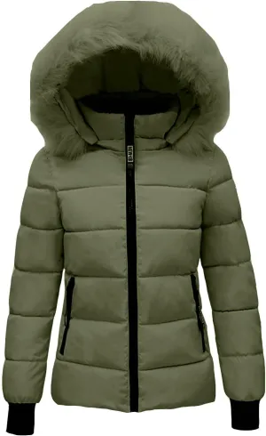 Quilted Jacket for Women Long Sleeve Solid Zipper Hooded Down Jackets Winter Fleece Sherpa Jackets with Zipper Pockets