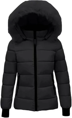 Quilted Jacket for Women Long Sleeve Solid Zipper Hooded Down Jackets Winter Fleece Sherpa Jackets with Zipper Pockets