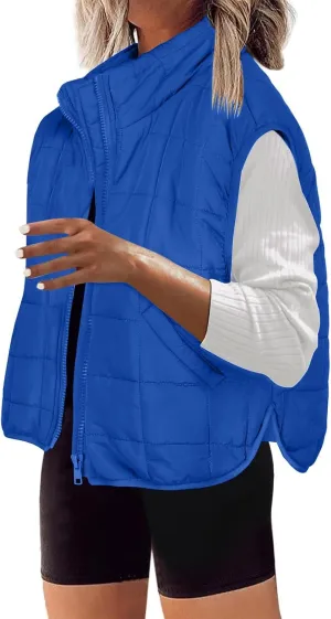 Quilted Vest Women Winter Stand Collar Cropped Quilted Down Gilet Jacket Oversized Zip Up Down Puffer Jacket Outerwear