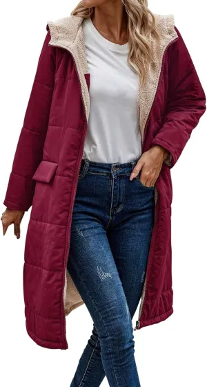 Reversible Fuf Fleece Lined Hood Puffer Jacket Lightweight Winter Coat Long Puffer Coat Coats for Women Ladies