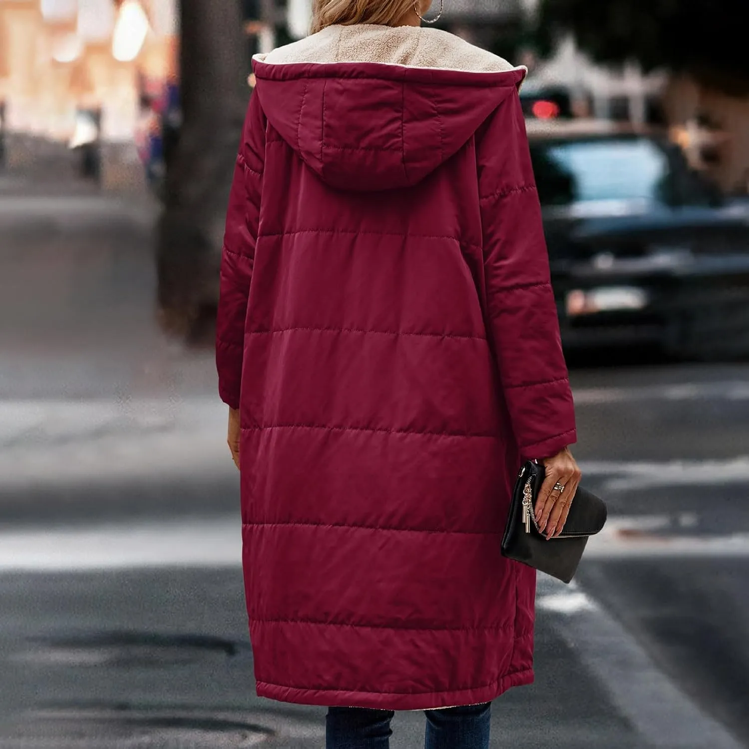 Reversible Fuf Fleece Lined Hood Puffer Jacket Lightweight Winter Coat Long Puffer Coat Coats for Women Ladies