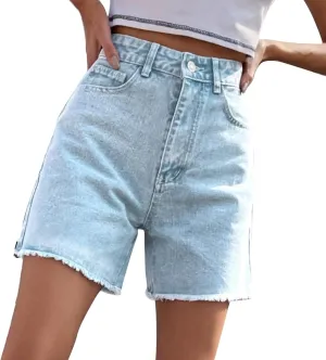 Ripped Jean Shorts for Women Front Button Frayed Raw High Waist Denim Shorts Junior Distressed Cutoff Wide Leg Short