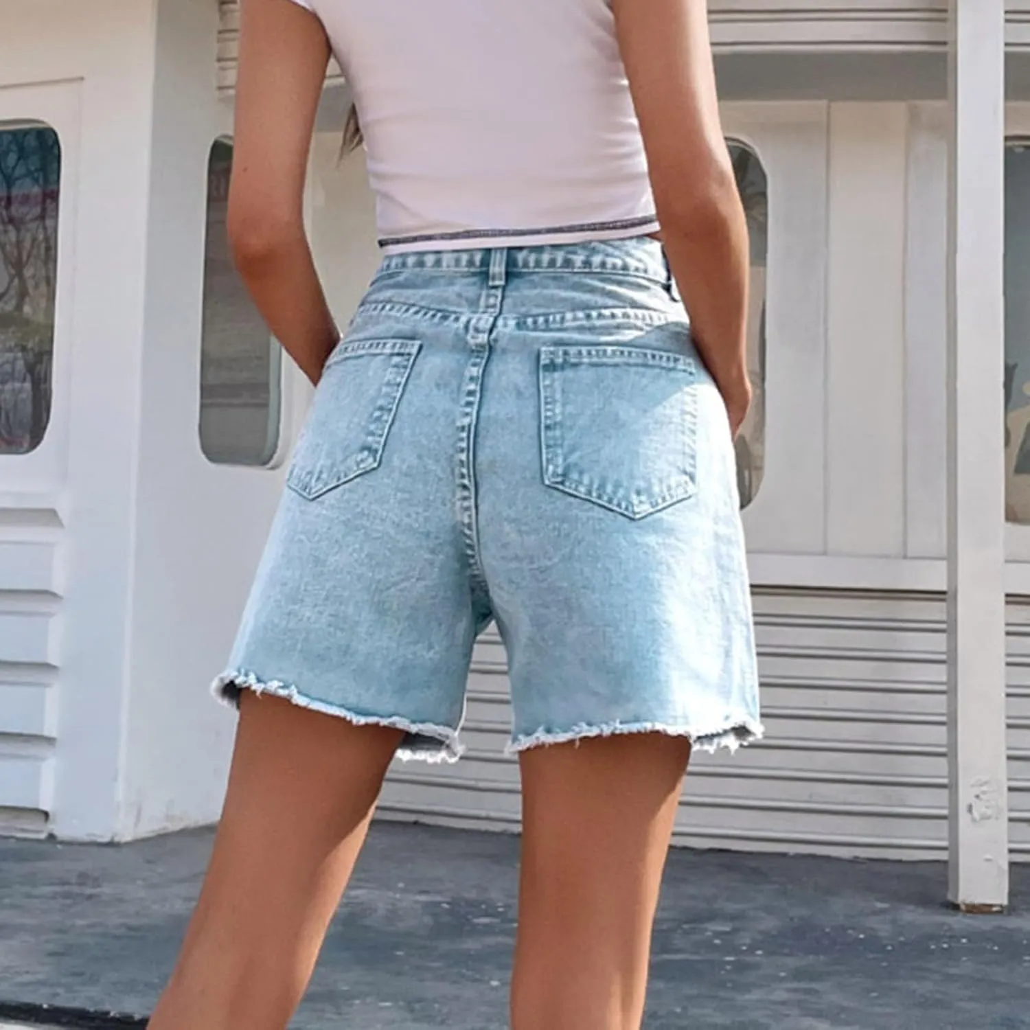Ripped Jean Shorts for Women Front Button Frayed Raw High Waist Denim Shorts Junior Distressed Cutoff Wide Leg Short