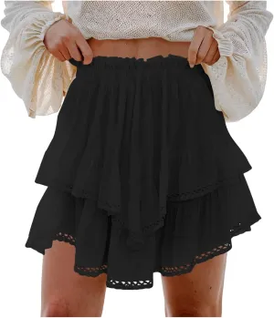 Rvidbe Flowy Skirts For Women,Women's Casual Solid Color Mini Skirts Elastic High Waist Cute Tiered Layered Ruffle Skirts