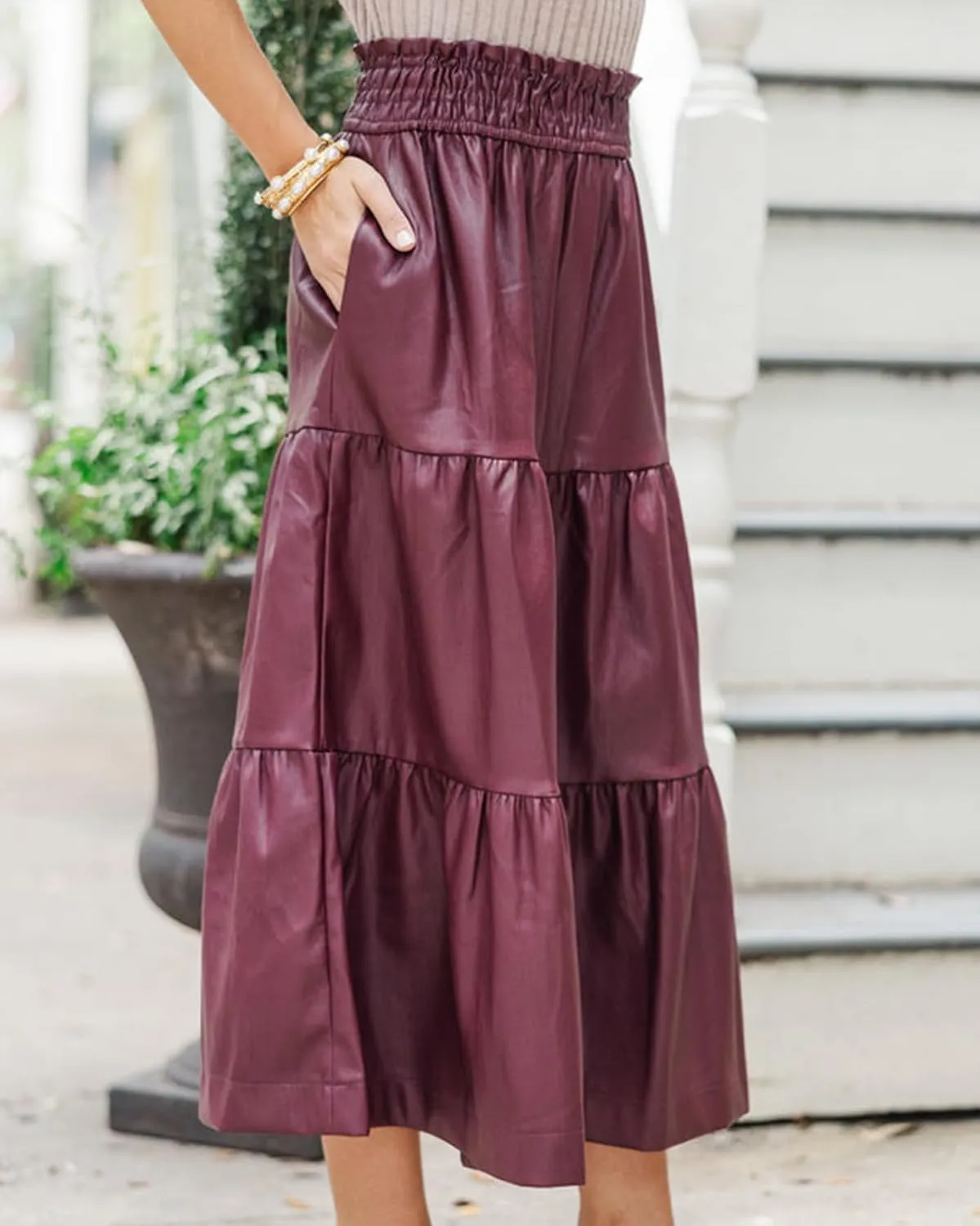 SCOFEEL Women's Faux Leather Midi Skirt Elastic High Waist Smocked A-Line Flowy Swing Ruffle Tiered Long Skirt