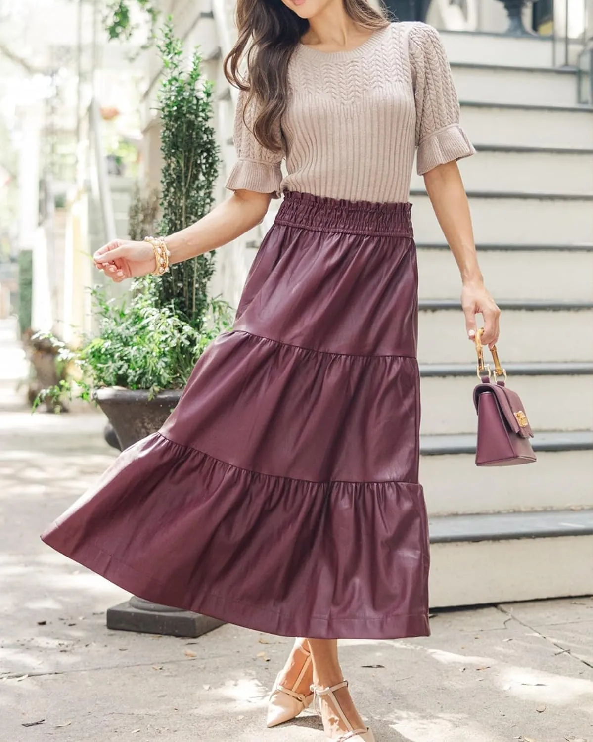 SCOFEEL Women's Faux Leather Midi Skirt Elastic High Waist Smocked A-Line Flowy Swing Ruffle Tiered Long Skirt