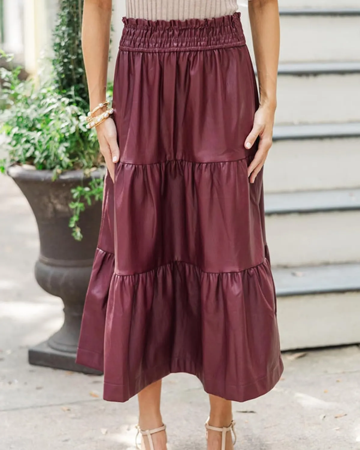 SCOFEEL Women's Faux Leather Midi Skirt Elastic High Waist Smocked A-Line Flowy Swing Ruffle Tiered Long Skirt