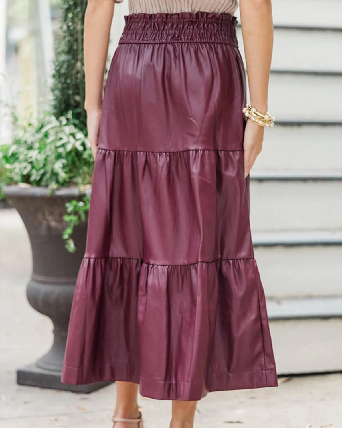 SCOFEEL Women's Faux Leather Midi Skirt Elastic High Waist Smocked A-Line Flowy Swing Ruffle Tiered Long Skirt