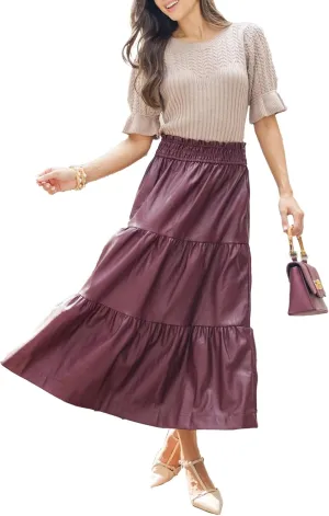 SCOFEEL Women's Faux Leather Midi Skirt Elastic High Waist Smocked A-Line Flowy Swing Ruffle Tiered Long Skirt