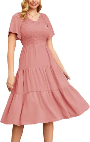SDEER Women's Smocked Flutter Short Sleeve Midi Dress Summer V Neck Pleated Layered Dress