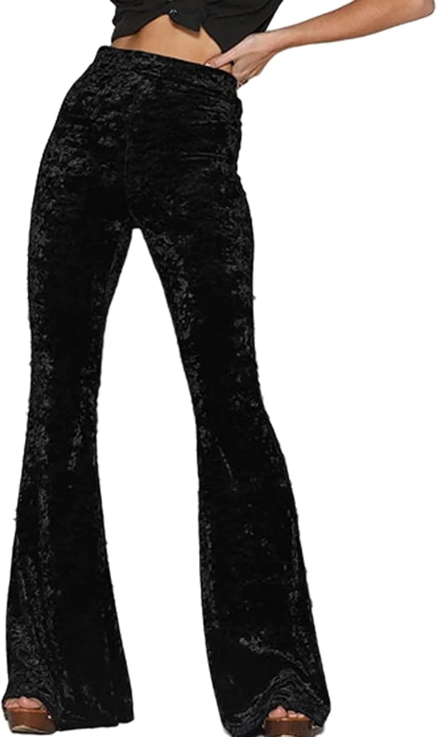 SEMATOMALA Women's Crushed Velvet Straight Wide Leg Pants Flare High Waisted Palazzo Bell Bottom Yoga Streetwear Trousers