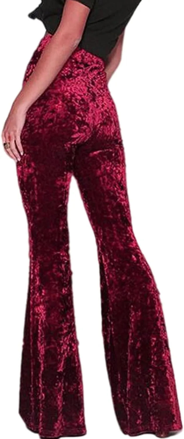 SEMATOMALA Women's Crushed Velvet Straight Wide Leg Pants Flare High Waisted Palazzo Bell Bottom Yoga Streetwear Trousers