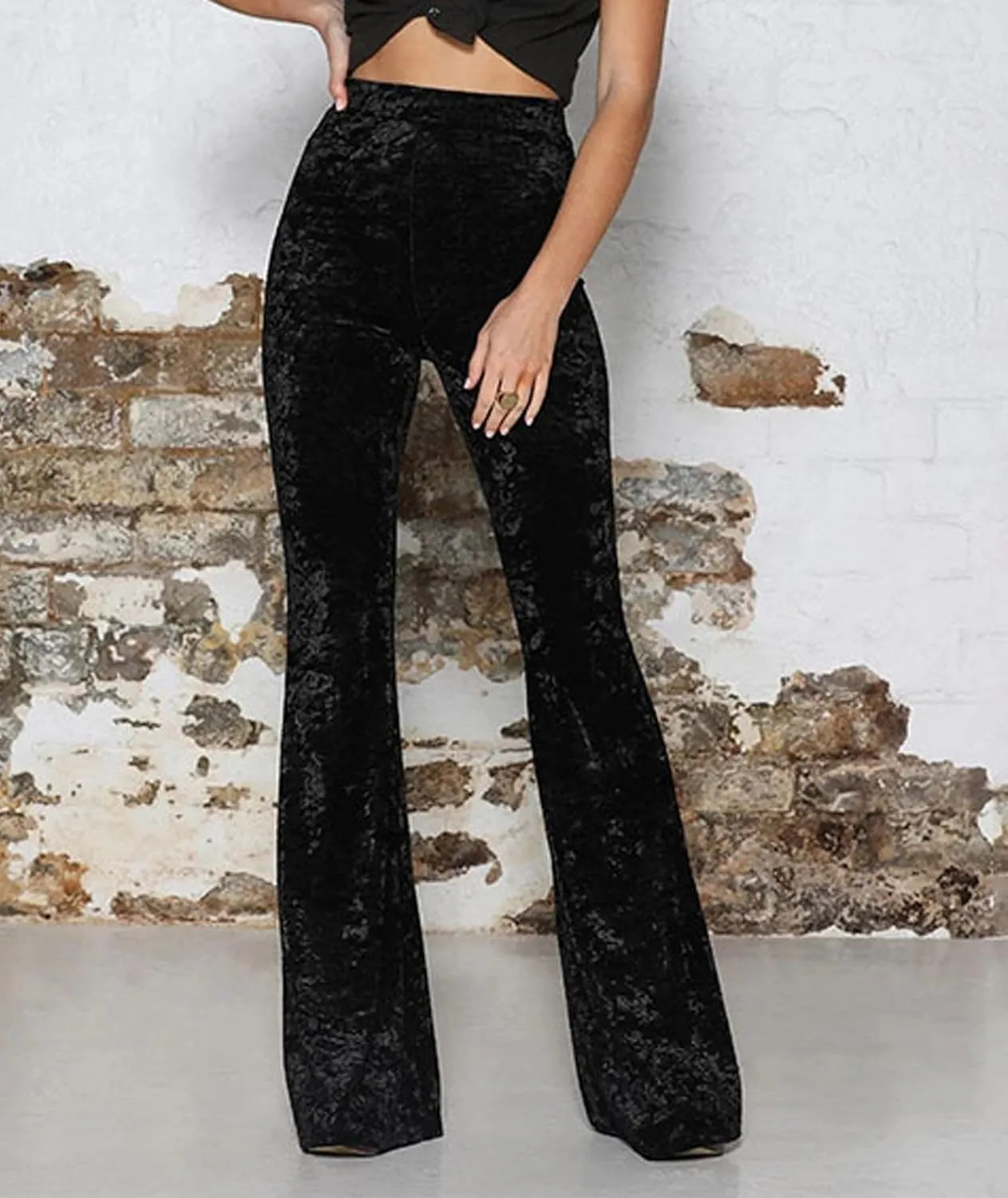SEMATOMALA Women's Crushed Velvet Straight Wide Leg Pants Flare High Waisted Palazzo Bell Bottom Yoga Streetwear Trousers