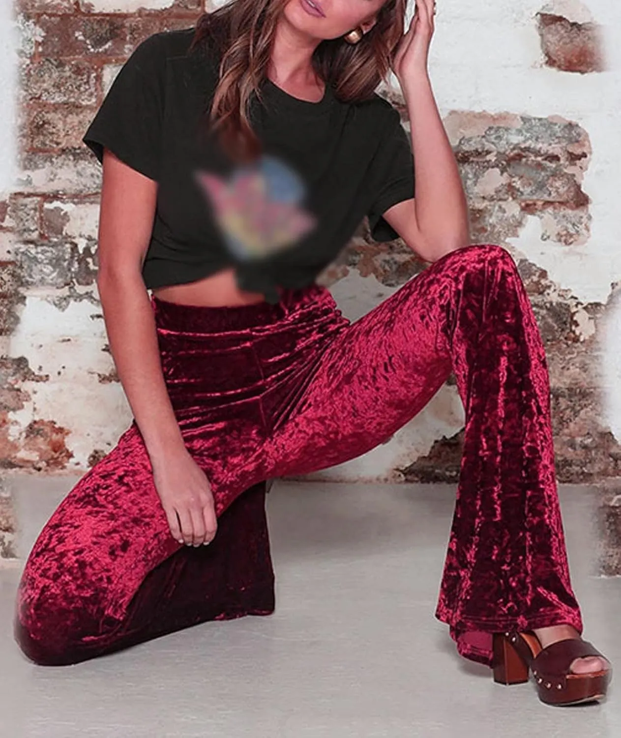 SEMATOMALA Women's Crushed Velvet Straight Wide Leg Pants Flare High Waisted Palazzo Bell Bottom Yoga Streetwear Trousers
