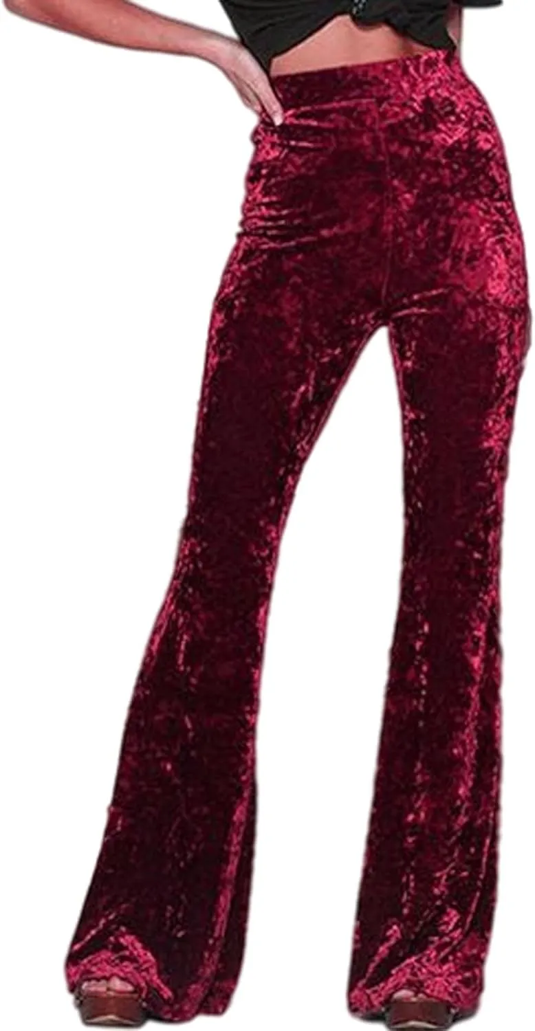 SEMATOMALA Women's Crushed Velvet Straight Wide Leg Pants Flare High Waisted Palazzo Bell Bottom Yoga Streetwear Trousers