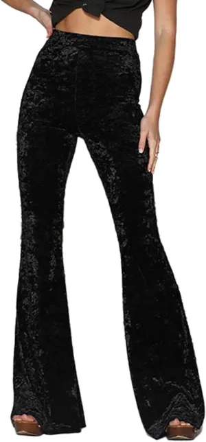 SEMATOMALA Women's Crushed Velvet Straight Wide Leg Pants Flare High Waisted Palazzo Bell Bottom Yoga Streetwear Trousers
