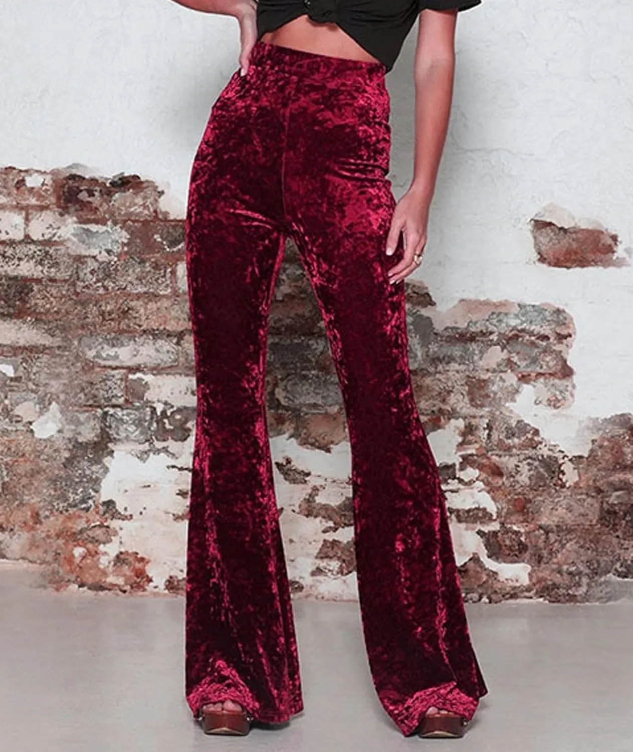 SEMATOMALA Women's Crushed Velvet Straight Wide Leg Pants Flare High Waisted Palazzo Bell Bottom Yoga Streetwear Trousers