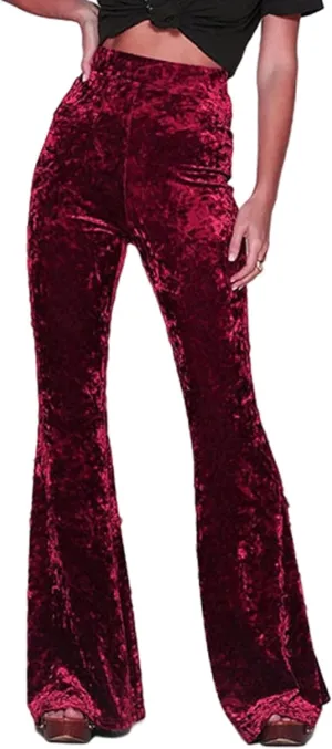 SEMATOMALA Women's Crushed Velvet Straight Wide Leg Pants Flare High Waisted Palazzo Bell Bottom Yoga Streetwear Trousers