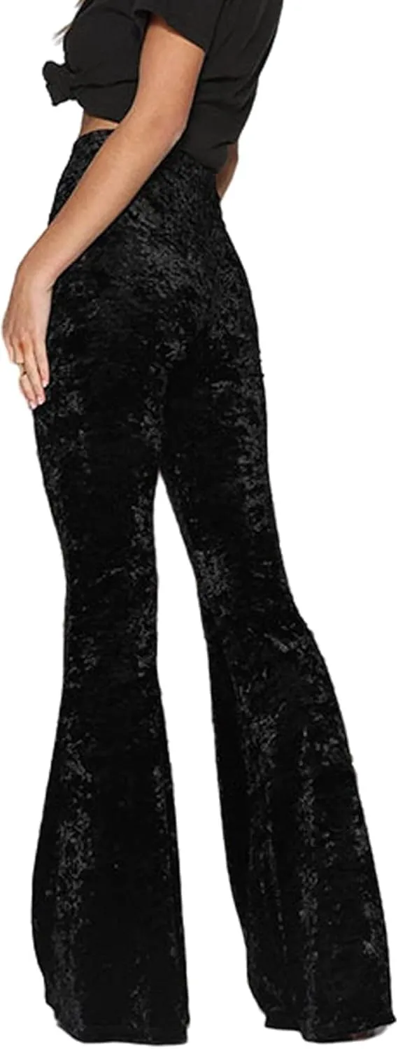 SEMATOMALA Women's Crushed Velvet Straight Wide Leg Pants Flare High Waisted Palazzo Bell Bottom Yoga Streetwear Trousers